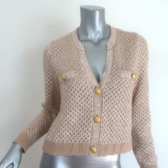 L'Agence Sweaters - L'Agence Blanca Sequin Cardigan Beige/Gold Crochet Knit Size Small